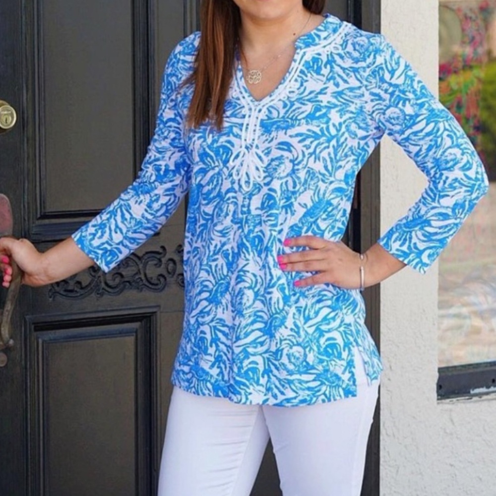 Lilly Pulitzer Kaia Knit Tunic Top Womens Medium‎ Resort White Aqua Lounge